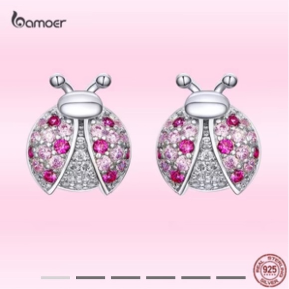 New in box 925 Sterling and Pink Seven Star Ladybug Shaped Stud Earrings Zircon - Picture 6 of 10
